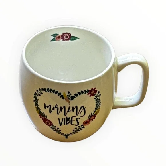 Opal House Morning Vibes White Ceramic Coffee Mug with Floral Heart Shape Design - Picture 7 of 9